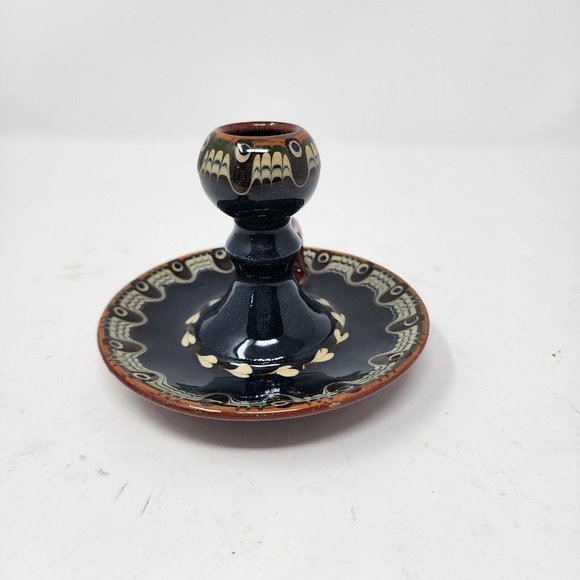 Vintage Bulgarian Redware Folk Art Handcrafted Troyan Ceramic Candle Holder Blue - Picture 2 of 10